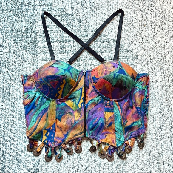 Vintage 90s Deadstock CHRISTINA FAIRBANKS Bustier Top Abstract Print Coin Fringe - Picture 3 of 12
